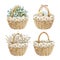 Watercolor wicker baskets with colorful Easter eggs, flowers and willow bouquet
