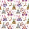 Watercolor wigwams and authentic native american elements seamless pattern