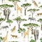 Watercolor wild Africa animal seamless pattern. Savannah Cheetah, Zebra, Elephant, Giraffe and tree. Nature Africa for nursery