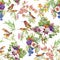 Watercolor Wild exotic birds on flowers seamless pattern on white background