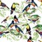 Watercolor Wild exotic birds on flowers seamless pattern on white background