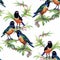 Watercolor Wild exotic birds on flowers seamless pattern on white background