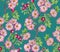 Watercolor wild rose pattern with teal background