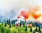 Watercolor of Wildfire forest fire burning near a town