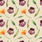 Watercolor wildflowers. Gentle seamless pattern with pansies, scissors and spikelets on a beige