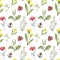 Watercolor wildflowers seamless pattern. Hand drawn red cosmoy, yellow dandelion, green herbs, weed, ladybug, bee. summer meadow