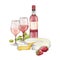 Watercolor wine glasses and bottle decorated win cheese, strawberries and grapes