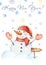 Watercolor winter card with a snowman, snowflakes, Christmas toys, snowdrifts.