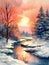 Watercolor winter countryside landscape frozen river. The water mirror is bound by transparent fresh ice, through which the water