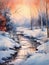 Watercolor winter countryside landscape frozen river. The water mirror is bound by transparent fresh ice, through which the water