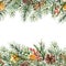 Watercolor winter floral border. Hand painted garland with berries and fir branch, cinnamon, orange, pine cone isolated