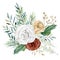 Watercolor winter floral bouquet. Burgundy rose, white flowers, pampas grass, winter greenery fir tree branch
