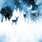 Watercolor winter foggy vector landscape with deer. Forest, snow, animal and place for text. Design for poster, postcard, banner