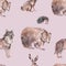 Watercolor winter forest animals seamless pattern. Bear, wolf, hare, hedgehog texture