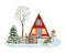 Watercolor winter house illustration. Hand painted modern triangle red cabin with wooden fence and snowy fir tree