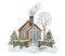 Watercolor winter house scene. Hand drawn wood cottage with chimney smoke, snowdrift, stone brick wall fence, snowy fir