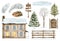 Watercolor winter house set. Christmas landscape. Hand drawn cottage building, chimney smoke, wooden fence, gates, bare