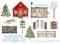 Watercolor winter houses landscape set. Hand drawn wood cottage, fence, gates, sleigh, bare tree, snowy fir trees and