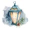 Watercolor winter illustration with glowing lantern. Cute decorative composition: candle lamp, fir branch and pine con
