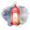Watercolor winter illustration with red glowing lantern and snow. Cute decorative composition: candle lamp, fir branc