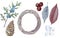 Watercolor winter illustrations. Christmas botanical set: juniper, cone, leaves, berries, flower, wreath