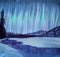 Watercolor winter landscape aurora sky. River in snow forest