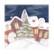 Watercolor winter landscape with christmas tree and houses. Christmas hand drow illustration.