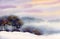 Watercolor winter landscape. Evening sky over valley