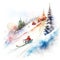 Watercolor winter landscape with snowboarders. Watercolor illustration. Generative AI Generative AI