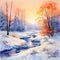 Watercolor Winter Landscape with Vibrant and Contrasting Colors
