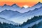 Watercolor winter mountains in snow, sunset. AI generative