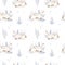 Watercolor winter pattern deer with fawn, owl rabbits, bear birds on white background. Wild forest fox and squirrel