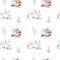 Watercolor winter pattern deer with fawn, owl rabbits, bear birds on white background. Wild forest fox and squirrel