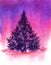 Watercolor winter postcard with magic atmosphere of holiday. Thick fir against colorful background in shades of polar lights. Blue