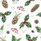 Watercolor winter seamless pattern with christmas holly jolly, pine cones, berries