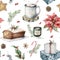 Watercolor winter seamless pattern with Christmas symbols. Hand painted holiday objects isolated on white background