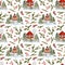 Watercolor winter seamless pattern with countryside houses and fir tree branches, red berries. Hand drawn wood cabins