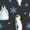 Watercolor winter seamless pattern illustration of a king penguins under snowflakes isolated. Hand painting realistic