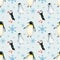 Watercolor winter seamless pattern with king penguins under snowflakes and puffin birds isolated. Hand painting