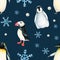 Watercolor winter seamless pattern with king penguins under snowflakes and puffin birds isolated. Hand painting