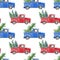 Watercolor winter seamless pattern with red and blue Christmas truck and fir pine tree on white background