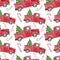 Watercolor winter seamless pattern with red Christmas truck, festive fir tree and candy cane on white background