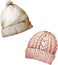 Watercolor Winter vector Christmas, New Year`s decor. Knitted pink, beige hats with ornament.