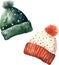 Watercolor Winter vector Christmas, New Year`s decor. Knitted red, green hats with ornament.