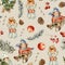 Watercolor winter vintage seamless pattern with kids and fir branches, bird, berries, pine cones, red apple