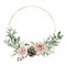Watercolor winter wreath with roses and eucalyptus branch. Hand painted pine cones and leaves composition isolated on