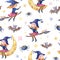 Watercolor witch is flying on a broom. Seamless pattern with cute girl