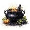 Watercolor witch\\\'s cauldron, boiling magic potion. Generative Ai