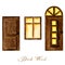 Watercolor wodden doors with windows and luminous window in vintage style on white background. Hand drawing of dark