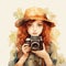 Watercolor Woman With Safari Hat Carry Camera Ready To Take Picture